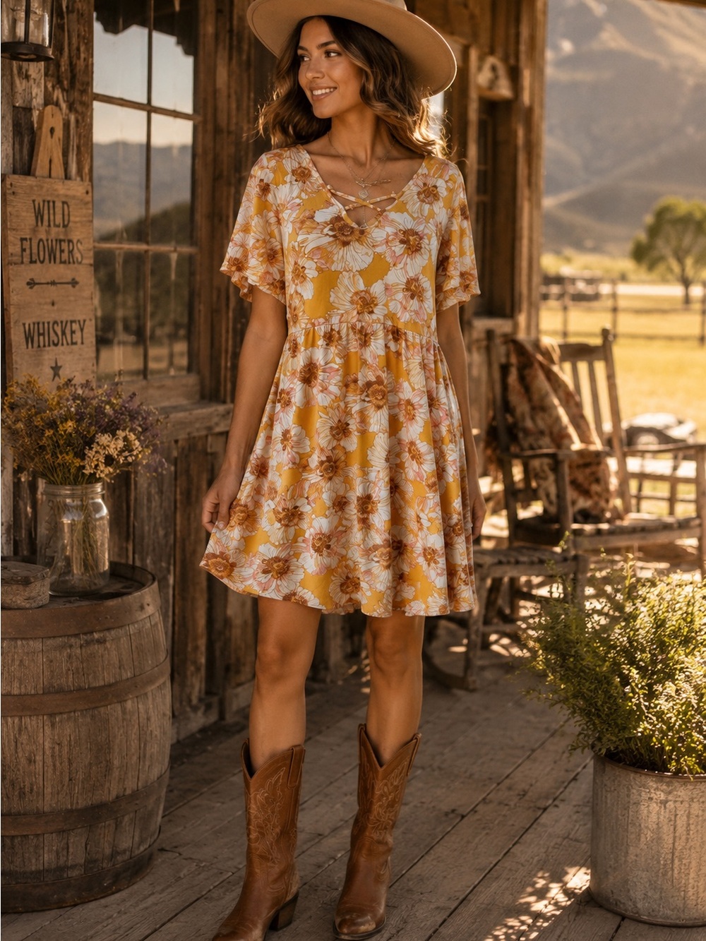 Mustard Floral Short Sleeve Crisscross V-Neck Dress